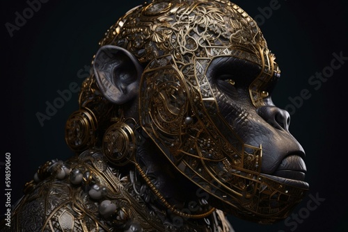 Highly detailed 3D sculpture of a gorilla robot head, enhanced with ornate Rococo and Asian cultural elements. Cinematic lighting. White background. Generative AI