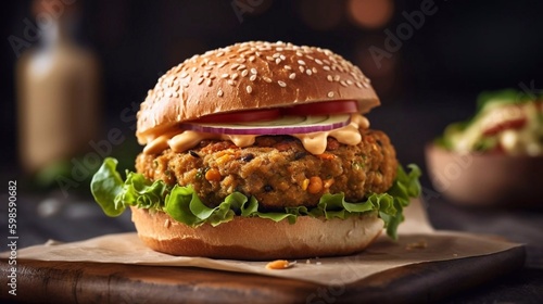 Chickpeas burger with onion, tomatoes, salad and sause on wooden background. Healthy vegan burger. AI generated