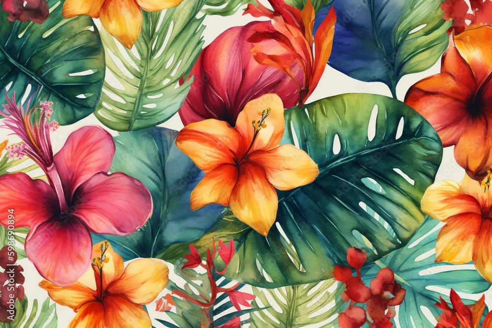 Seamless floral pattern with watercolor tropical flowers on doodle background. Generative AI