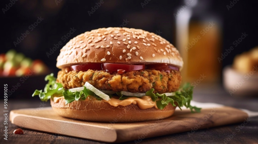 Chickpeas burger with onion, tomatoes, salad and sause on wooden background. Healthy vegan burger. AI generated Chickpeas burger with onion, tomatoes, salad and sause on wooden background. Healthy vegan burger. AI generated