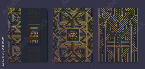Set of vector Art deco, gatsby golden covers. Creative design templates. Trendy graphic poster, brochure, design, packaging and branding. Geometric shapes, ornaments, elements