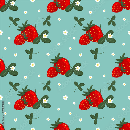 Vector seamless pattern with strawberries, blossoms and leaves on green background, fruit design.