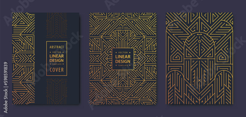 Set of vector Art deco, gatsby golden covers. Creative design templates. Trendy graphic poster, brochure, design, packaging and branding. Geometric shapes, ornaments, elements