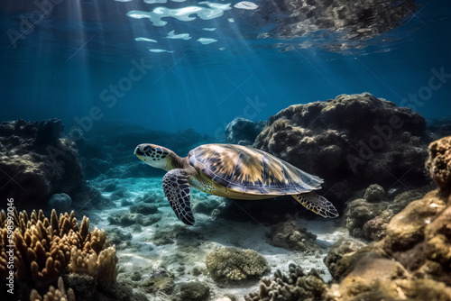 A beautiful turtle swimming between stones and coral reefs