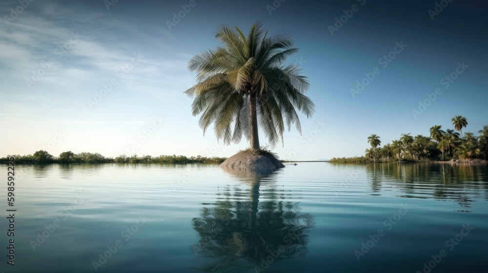 A coconut tree and its reflection in a calm, clear lake. Generative AI