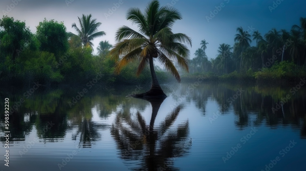 A coconut tree and its reflection in a calm, clear lake. Generative AI