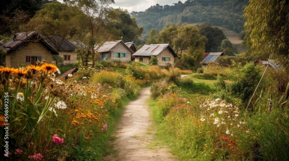 A country road leading to a small village with traditional houses and colorful flowers on the roadside. Generative AI A country road leading to a small village with traditional houses and colorful flowers on the roadside. Generative AI