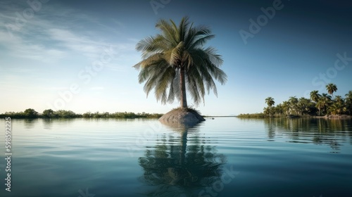 A coconut tree and its reflection in a calm, clear lake. Generative AI © Huy