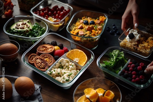 Lifestyle photograph featuring healthy eating habits such as meal prepping. Generative Ai.