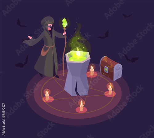 Isometric halloween party poster. Wizard performing magical ritual. Spooky halloween 3d vector background illustration
