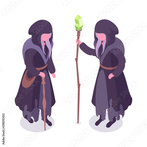 Isometric magic witch. Witchcraft magician characters, old witch with magic staff 3d vector illustration set