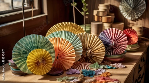 A group of colorful paper fans scattered on a wooden table in a rustic setting. Generative AI