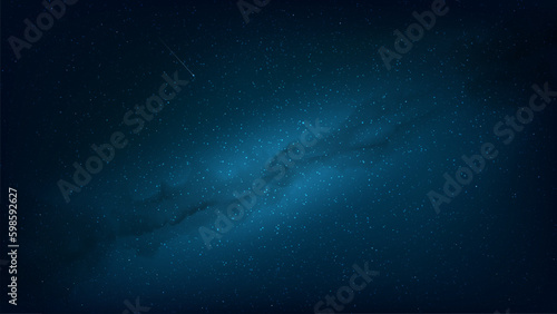 Night shining starry sky, galaxy, milky way. Dark blue space background with stars, nebula, meteor. Starlight night in nature, cosmos. Star field. Vector illustration
