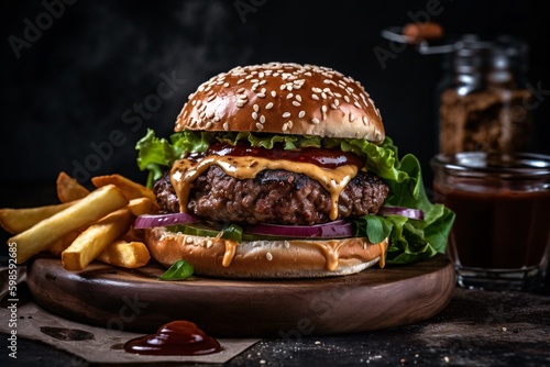 Mouth-watering photo of juicy burger and fries. Generative Ai.