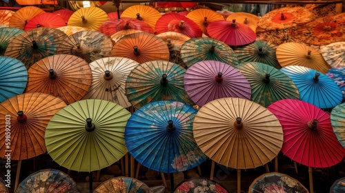 A row of colorful Chinese paper umbrellas in different designs and sizes. Generative AI