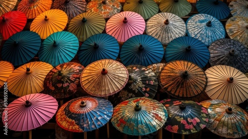 A row of colorful Chinese paper umbrellas in different designs and sizes. Generative AI