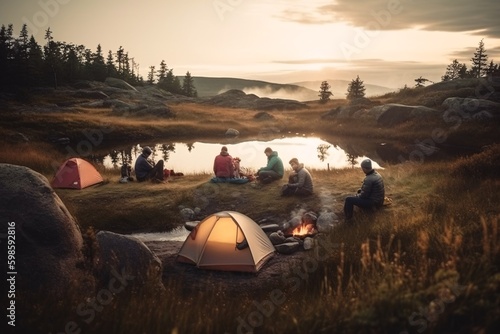 Outdoor enthusiasts camping and enjoying nature. Generative Ai.