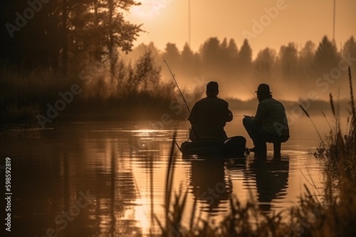 Outdoor enthusiasts fishing, and enjoying nature. Generative Ai.