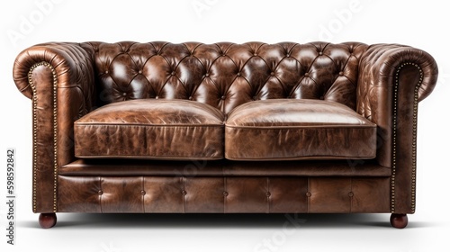 A rustic brown leather sofa on a white background. Generative AI