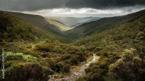 A scenic route through the hills and valleys of a national park with a cloudy sky overhead. Generative AI