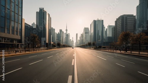 A straight  empty road with a modern city skyline in the distance. Generative AI