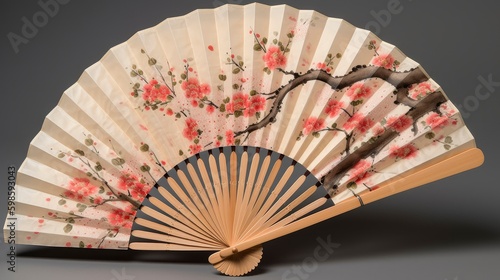 A traditional Japanese paper fan with a beautiful cherry blossom design. Generative AI