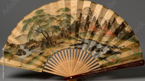 A vintage paper fan with a hand-painted landscape scene on it. Generative AI