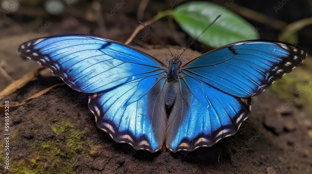 Blue morpho butterfly with its wings open to show off its brilliant ...