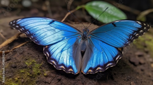 Blue morpho butterfly with its wings open to show off its brilliant blue color. Generative AI photo