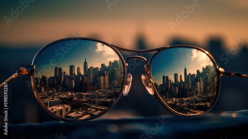 Close-up of a pair of sunglasses with a reflection of a city skyline in the lenses. Generative AI