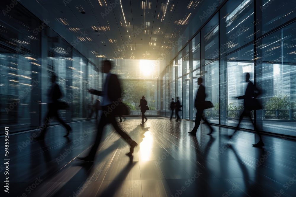 Business people walking in the lobby of a modern office building with motion blur. generative AI