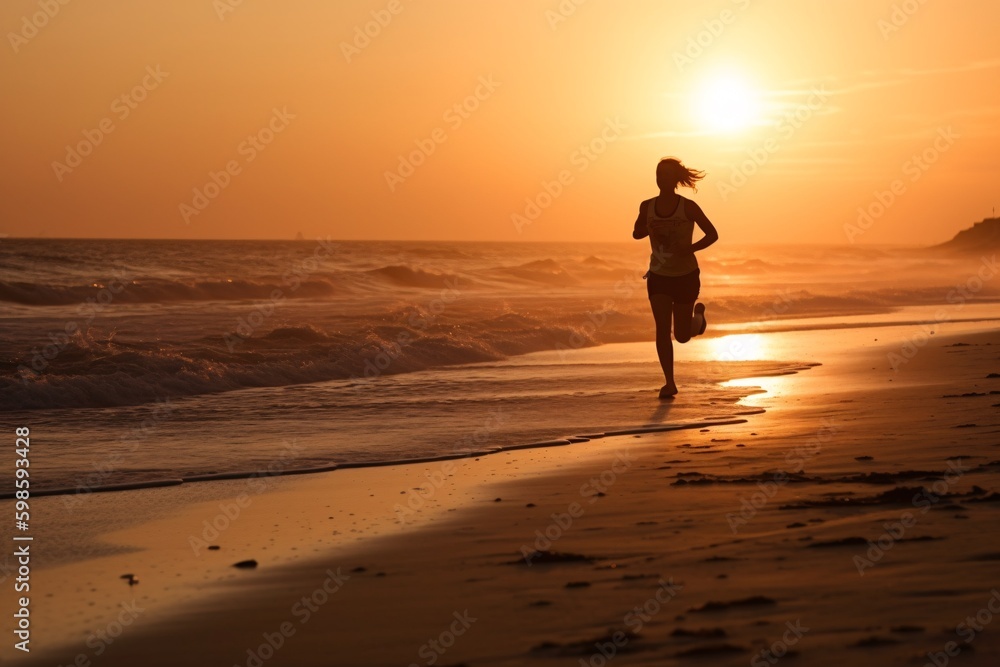 Running by the Beach: A woman running along the beach during sunrise or sunshine. Generative Ai. Running by the Beach: A woman running along the beach during sunrise or sunshine. Generative Ai.