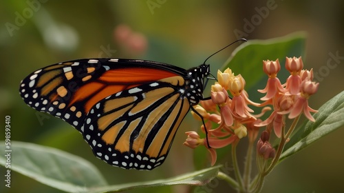 Monarch butterfly perched on a milkweed plant. Generative AI © Huy