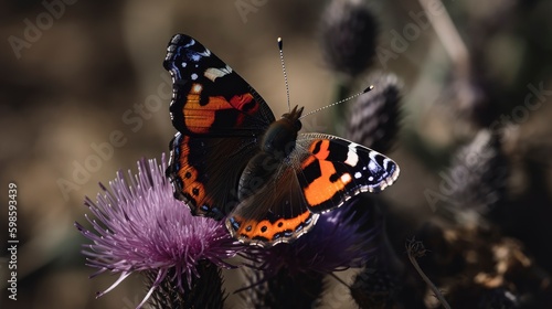 Red admiral butterfly on a thistle flower. Generative AI
