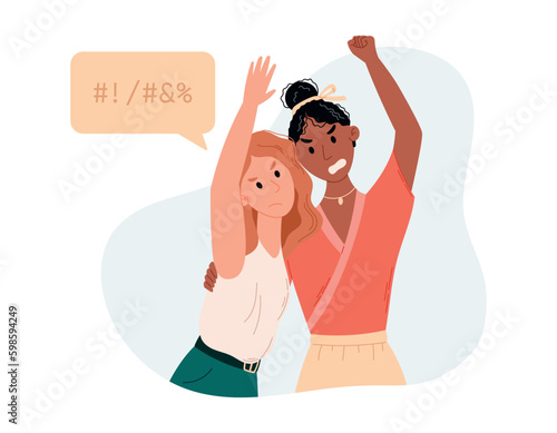 Two flat young angry protesting women. Cartoon couple hugging girls at social rally. Defending the rights of women or LGBT people.