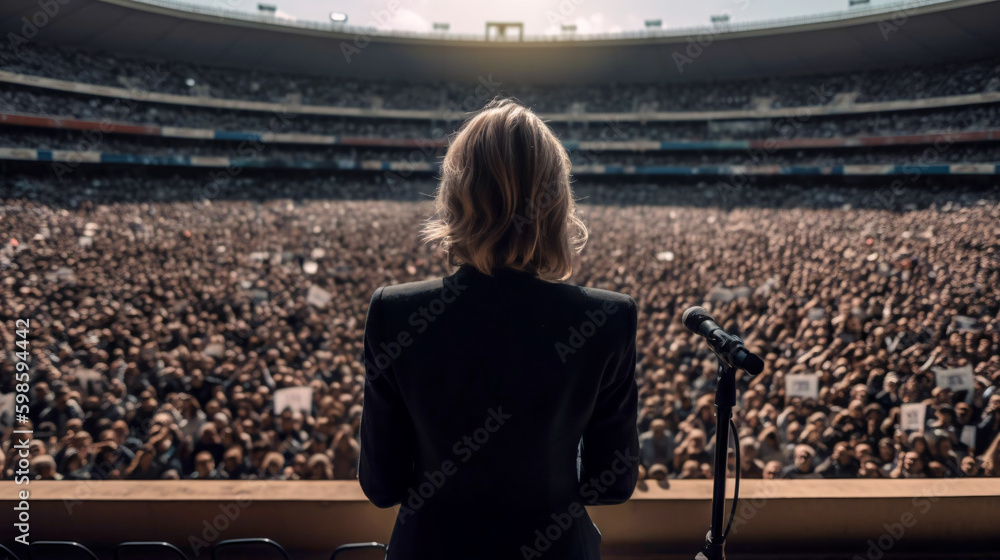 female politician wearing a black suit giving a speech to thousands of people at a stadium. Generative AI - obrazy, fototapety, plakaty 