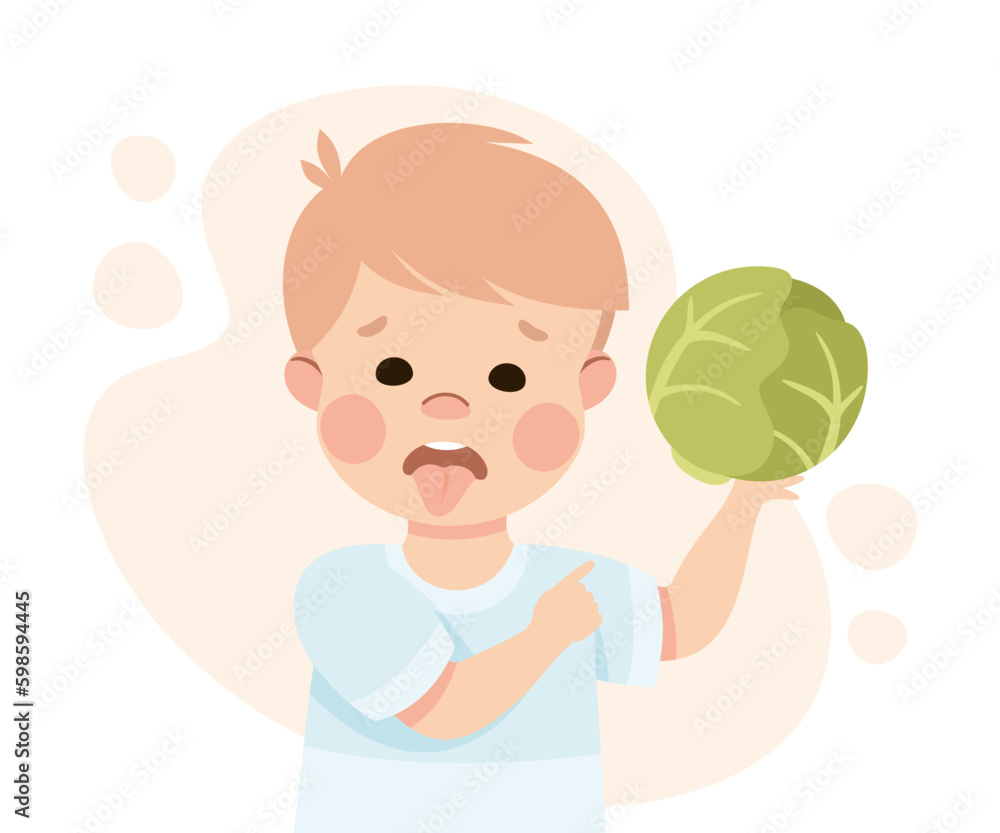 Little Boy Character Showing Dislike and Disgust Holding Cabbage Vector Illustration