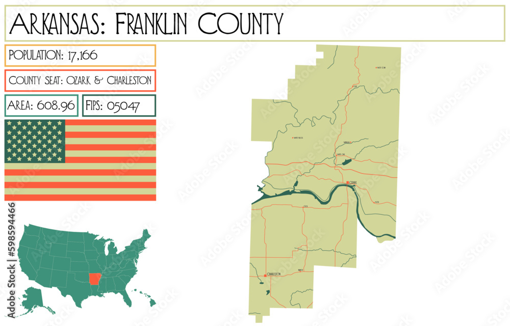 Large and detailed map of Franklin County in Arkansas, USA.