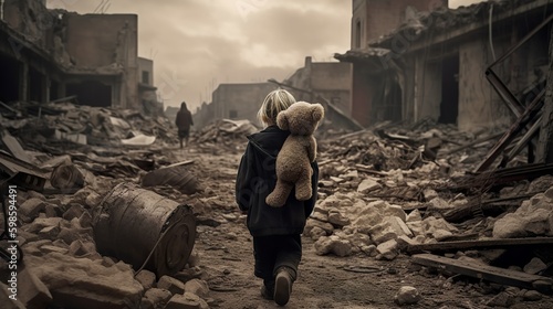 A terrified little child clutching a teddy bear while running away of the brutality of war, Generative AI © AIExplosion