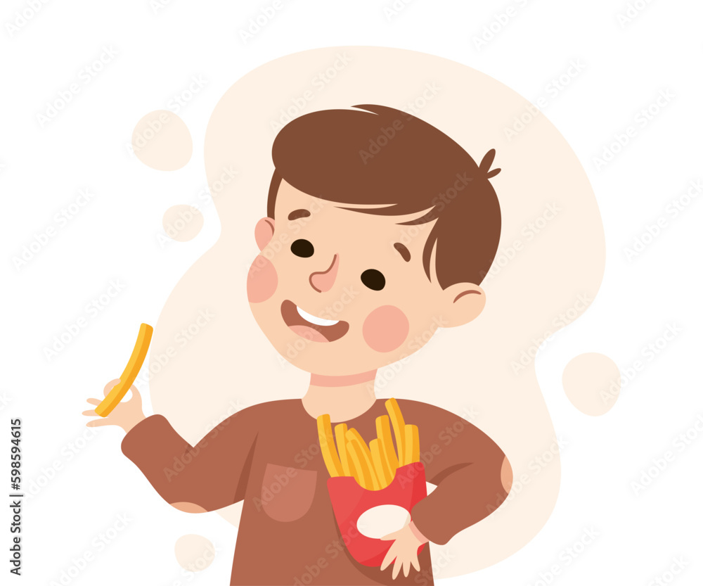 Funny Boy Character Eating French Fries Showing Like Vector Illustration Funny Boy Character Eating French Fries Showing Like Vector Illustration