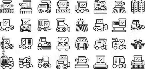 Combine harvester icons set outline vector. Farm machinery. Food farm