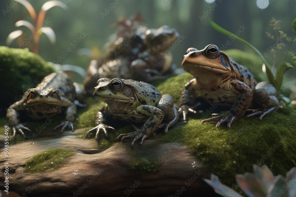 A detailed illustration of a group of amphibians, such as frogs or