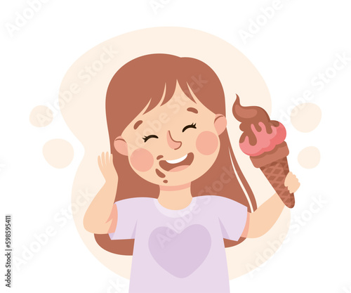 Funny Girl Character Eating Ice Cream in Waffle Cone Showing Like Vector Illustration