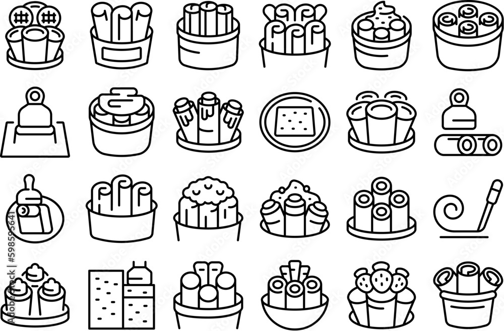 Stir fried ice cream icons set outline vector. Thai roll. Food taco