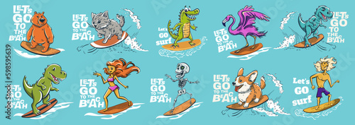 Animals dude surf summer t-shirt print. Wild bear, dinosaur, crocodile ride surfboard big wave. Corgi and cat © Vasileva