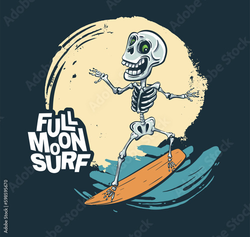 Skeleton night surfer cool summer t-shirt print. Skull bones midnight ride surfboard on big wave