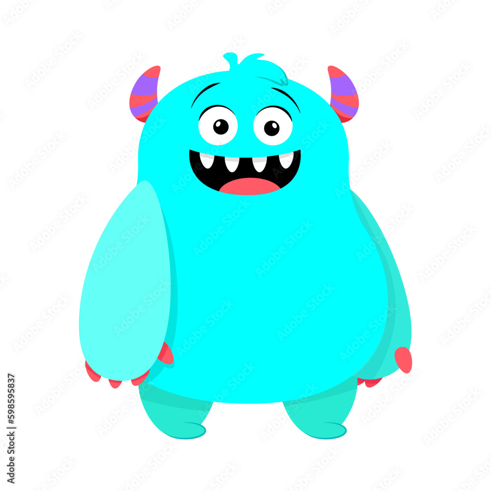 Fototapeta premium Blue smiling monster with horns on a white background 