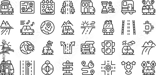 Roadtrip icons set outline vector. Excursion car. Summer travel