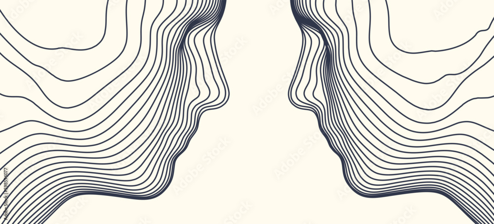 Two opponents facing each other. Conflict. People talk face to face. The concept of rivalry. Abstract digital human head made from lines. 3d vector illustration for banner, poster, cover or brochure. - obrazy, fototapety, plakaty 