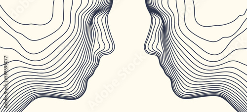 Two opponents facing each other. Conflict. People talk face to face. The concept of rivalry. Abstract digital human head made from lines. 3d vector illustration for banner, poster, cover or brochure.